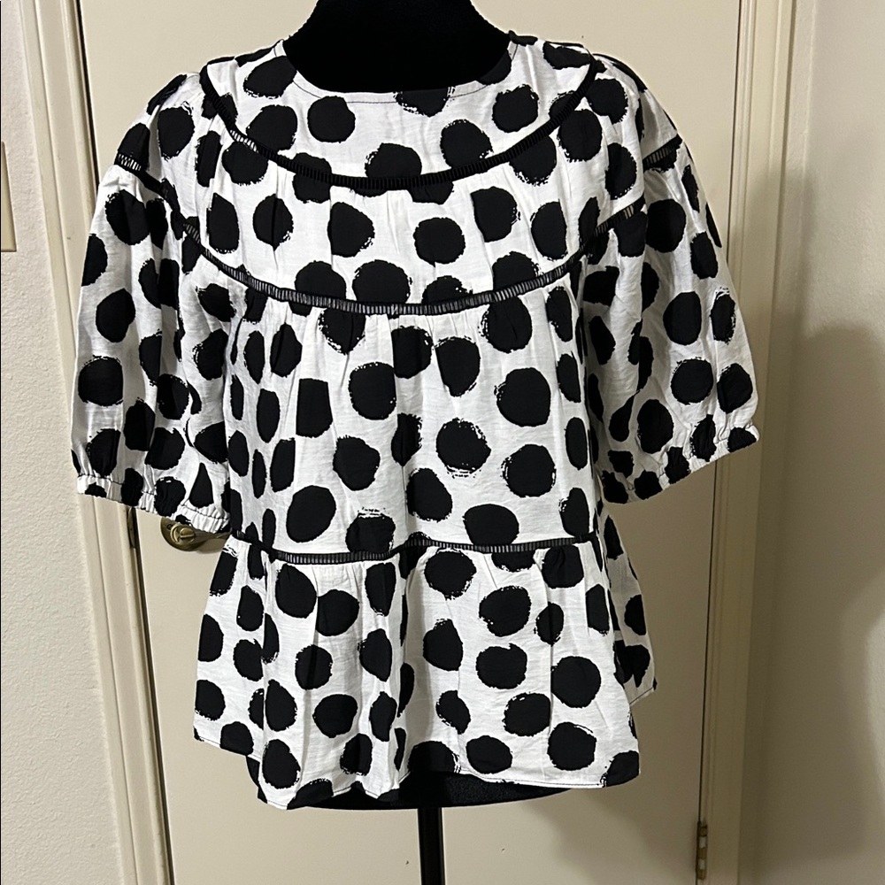 Joy Joy Black & White Polka Dot Peplum Blouse